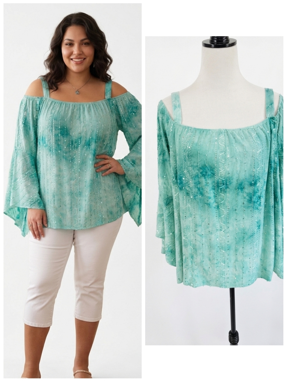 Avenue Bell Sleeve Cold Shoulder Blouse Mint Green Women's Plus Size 18/20